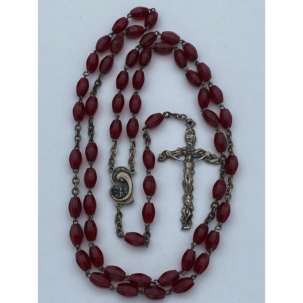 Vintage Red Oblong Beaded Rosary, Virgin Mary w Child, Jesus ITALY, Christianity